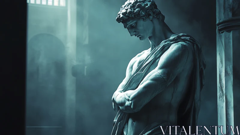 Classical male marble statue in cool directional light.