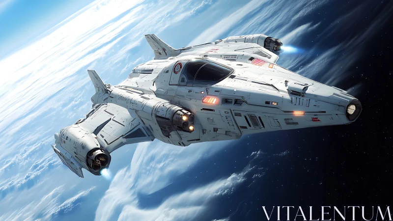 Futuristic white gunship cruising low orbit above blue Earth.