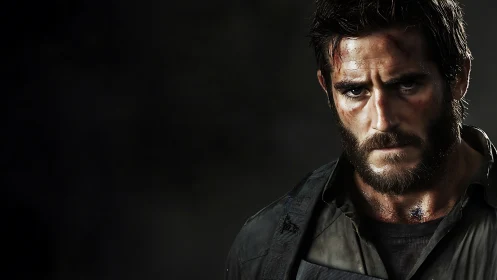 Bearded soldier portrait shows bruised face and intense stare