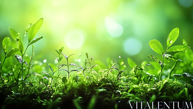 Fresh green seedlings in morning sunlight, macro nature photography.