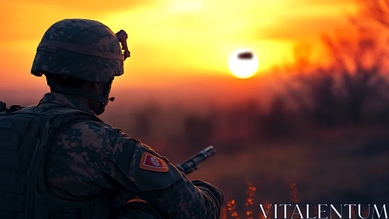 Sunset sentinel watching a lonely battlefield horizon glow.