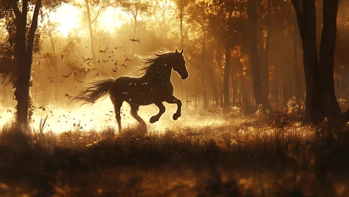 Sunlit forest stallion dancing through golden hush.