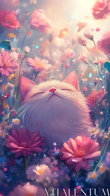 Fluffy white cat surrounded by pink flowers with soft bokeh lighting effects
