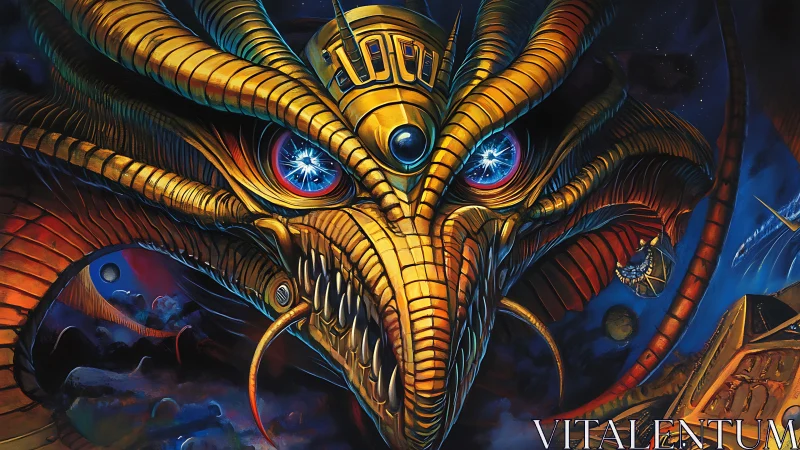 Golden biomechanical dragon head against deep space backdrop.