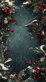 Snow-dusted winter bird framed by red berry garlands.