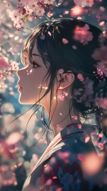 Profile view depicts female figure amid layered cherry blossoms
