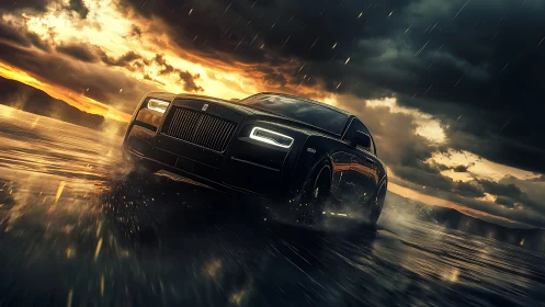 Stormlit luxury coupe gliding through golden rainstorm.