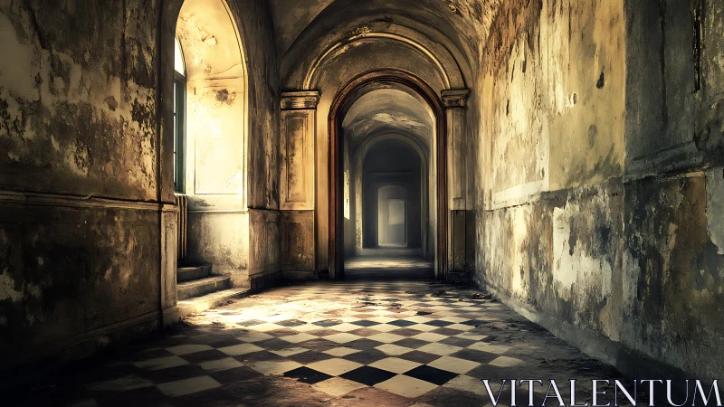 Forgotten marble hallway quietly rehearses its fading glory