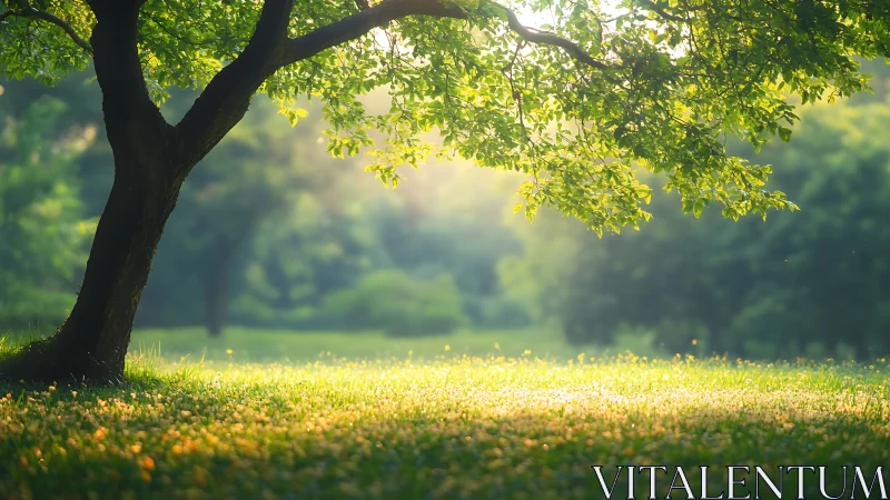 Sunlit Park Meadow with Tree in Soft Morning Light, Nature Scene.