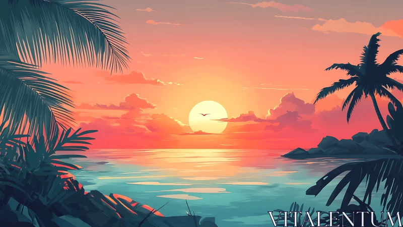 Sun sets over stylized tropical coastline with palm silhouettes