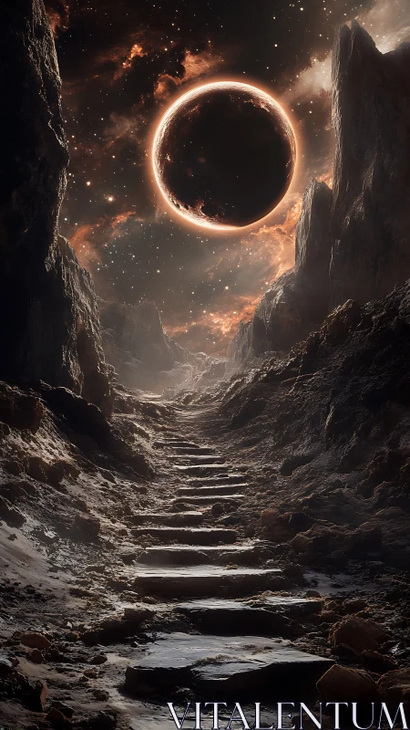 Stony path ascends toward a fiery eclipsed planet above