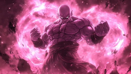 Muscular warrior channels blazing pink energy aura.