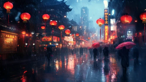 Rain-soaked neon market street with red lantern diffusion study.