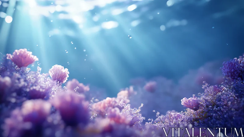 Underwater view shows purple corals lit by filtered sunlight