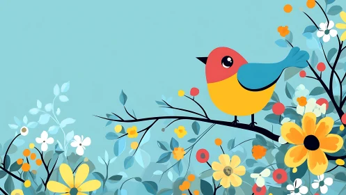 Stylized bird perched on branch surrounded by floral vegetation elements