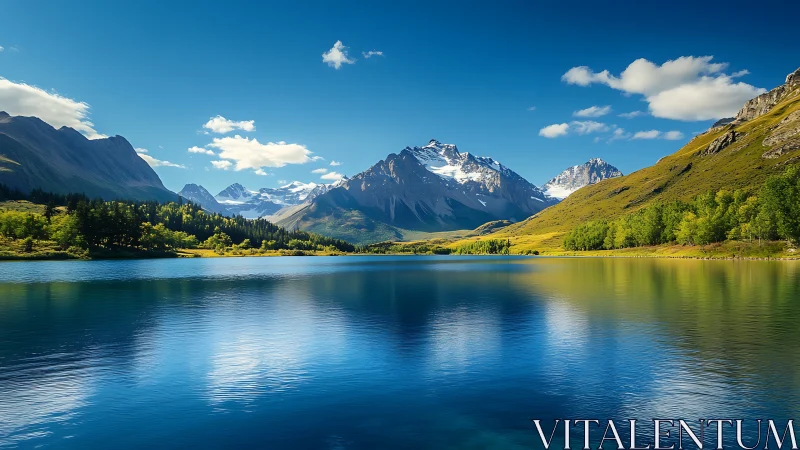 Snowy mountain range reflected in calm alpine lake.