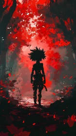 Silhouette of lone figure in dense red forest corridor.