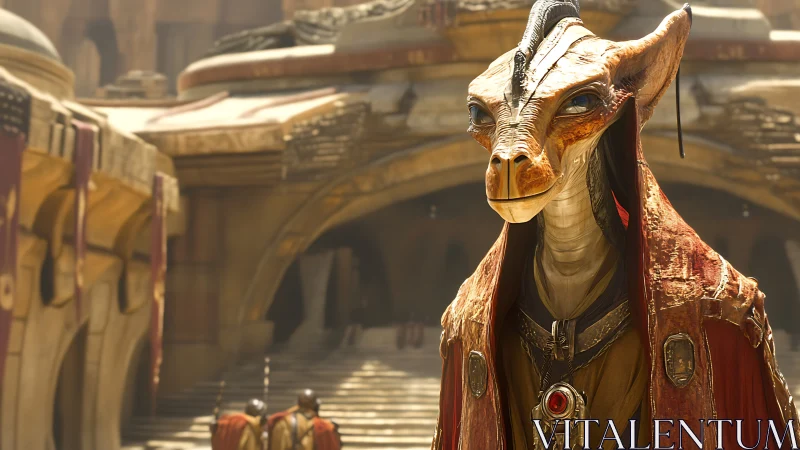 Kindly alien dignitary in sunlit desert marketplace robes.