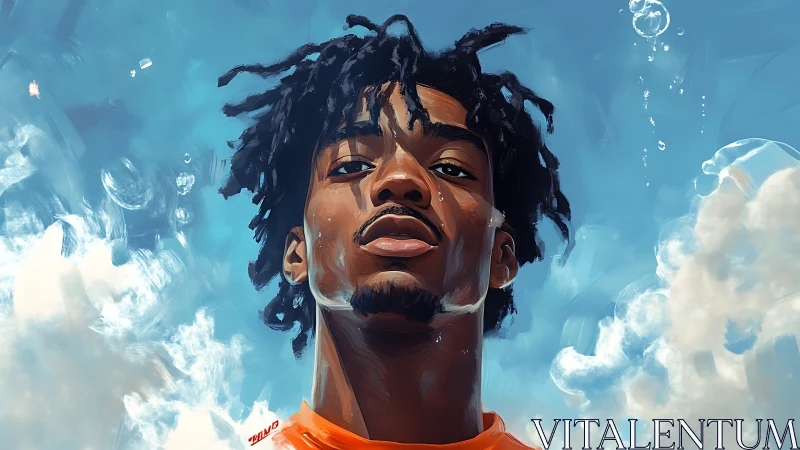 Digital portrait of young man against bright sky background.