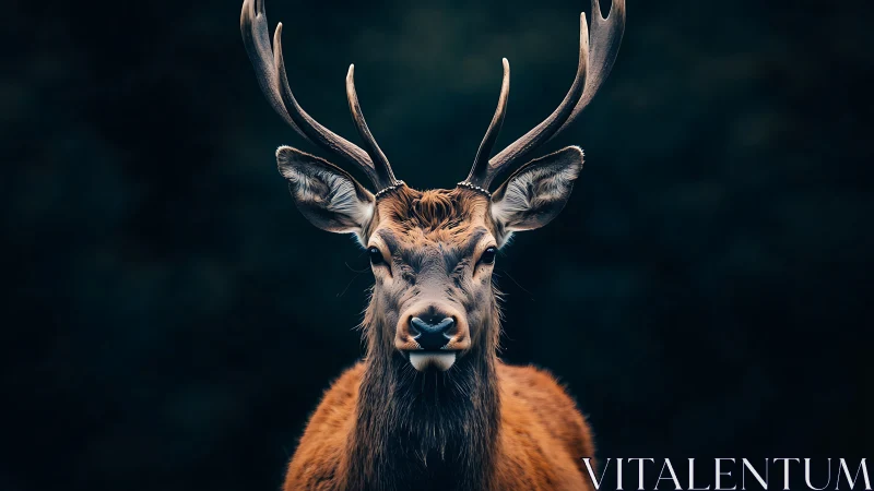 Gentle stag against midnight forest, quietly holding your gaze.