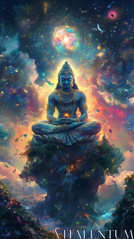 Blue deity figure meditating above luminous cosmic landscape.