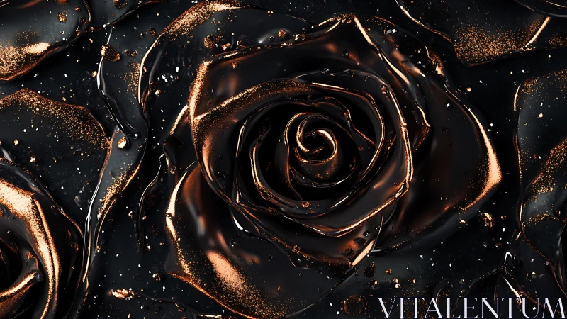 Specular black metallic rose macro with molten gloss highlights.