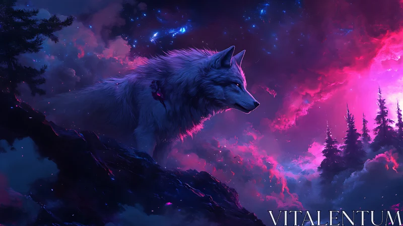 Celestial wolf on neon ridge in luminous digital painting.