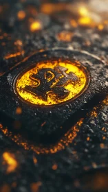 Molten rune emblem glowing within charred metal plate.