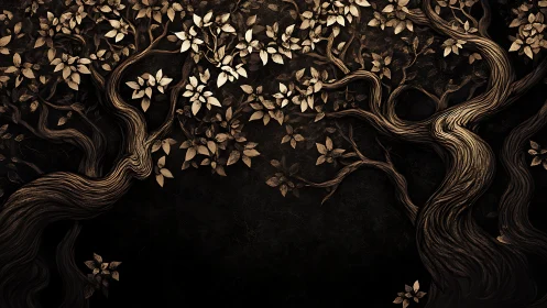 Intertwined stylized tree trunks with dense metallic foliage.