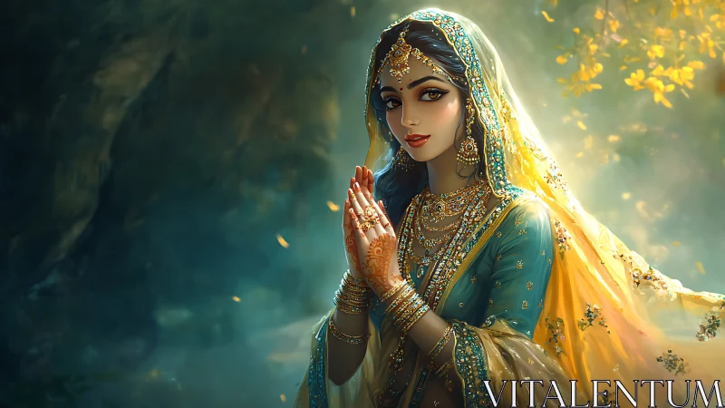 Digital portrait of jeweled woman in aureate ambient light.