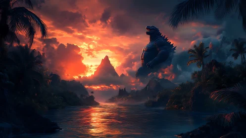 Giant reptilian creature dominates sunset over tropical bay