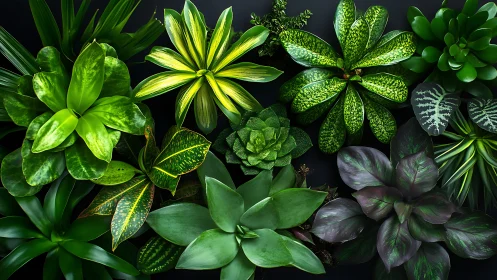 Top-down botanical array of succulent and foliage rosettes.