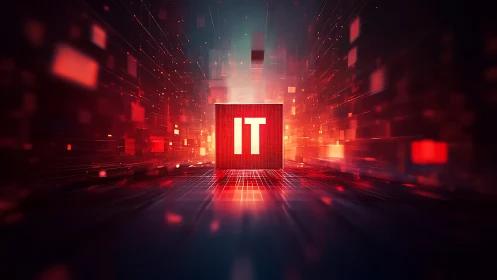 IT core cube in dynamic red digital data tunnel environment.