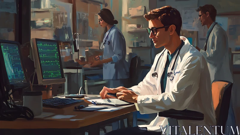 Digital painting of clinicians in tech-driven hospital lab.