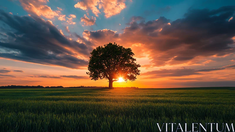 Sunlit lone tree welcomes a gentle evening sky glow