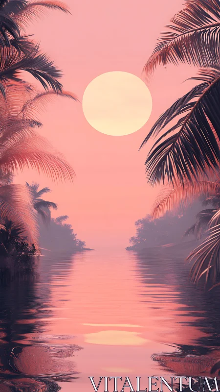 Dreamy pink lagoon sunset wrapped in whispering palms.