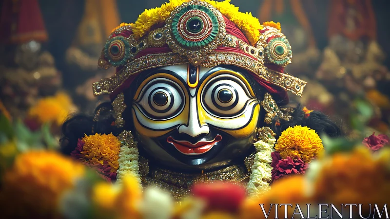 Close-up devotional idol with ornate jeweled crown and marigolds