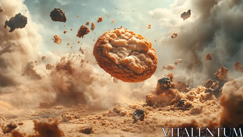 Single cookie hovers amid explosive cookie crumb debris cloud