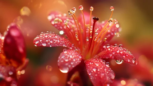 Vivid red hibiscus petals glisten with dewy water droplets.