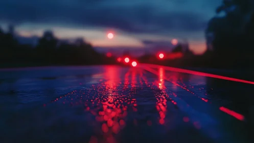 Neon reflections on wet road at dusk in shallow focus.