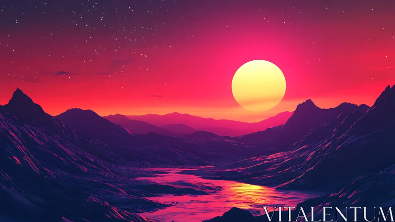 Neon sun hovers above glowing river in alien canyonscape.