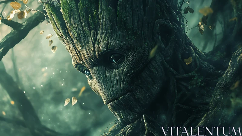 Tree-like humanoid figure is integrated into a dense forest