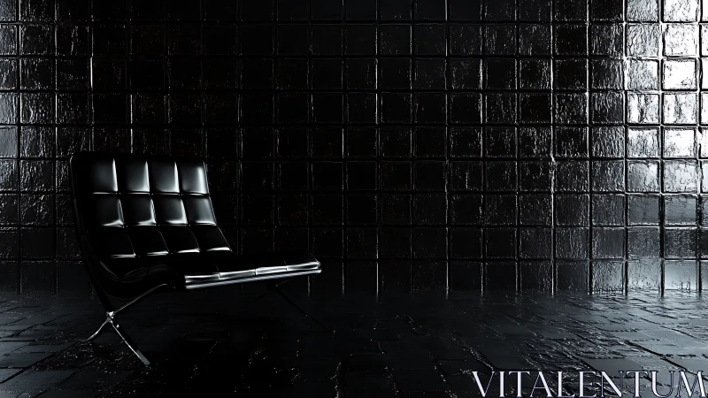 Specular black lounge chair against glossy tiled void wall.