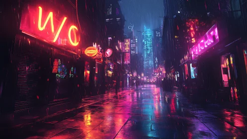 Rain-soaked neon alley renders reflective cyberpunk streetscape