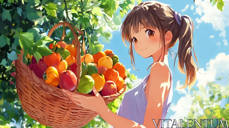 Sunlit anime harvest scene with high-saturation fruit color gamut