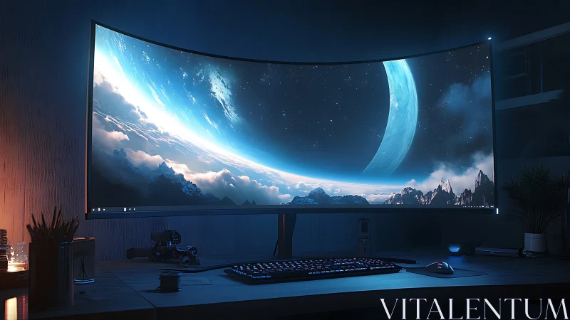 Curved ultrawide monitor with cosmic landscape wallpaper.