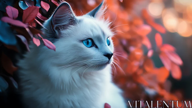 White Cat with Striking Blue Eyes Among Autumn Blooms.