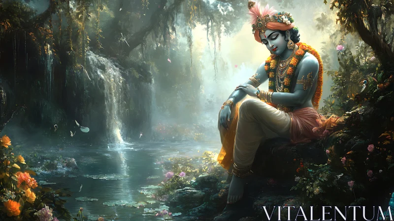 Serene blue-skinned deity rests by luminous waterfall pool