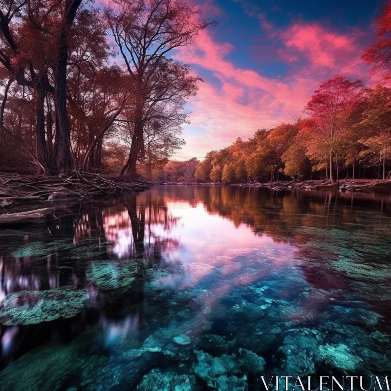 Crystal clear river flow reflecting the vibrant sky and glowing trees at sunset. AI Image
