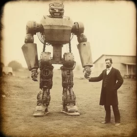 a human from the 1870s walking a giant a cyborg. Old time photo, sepia